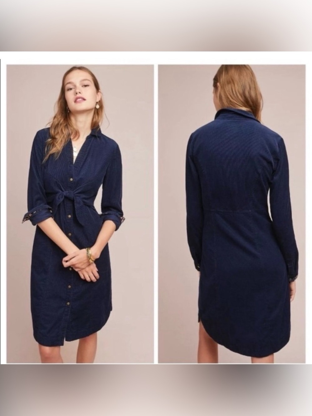 Anthropologie Navy Button-Front Shirt Dress with Front Tie
